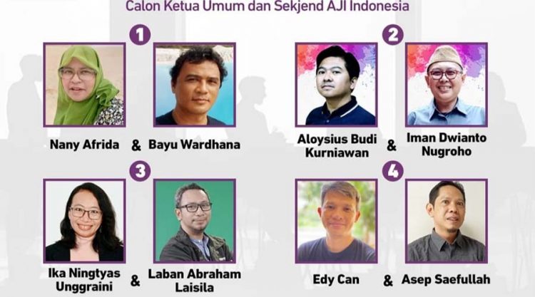 Empat pasangan calon Ketua Umum dan Sekjen AJI Indonesia periode 2024-2027 yang akan dipilih pada Kongres Nasional Mei Mendatang di palembang, Sumbar. (Foto: AJI)