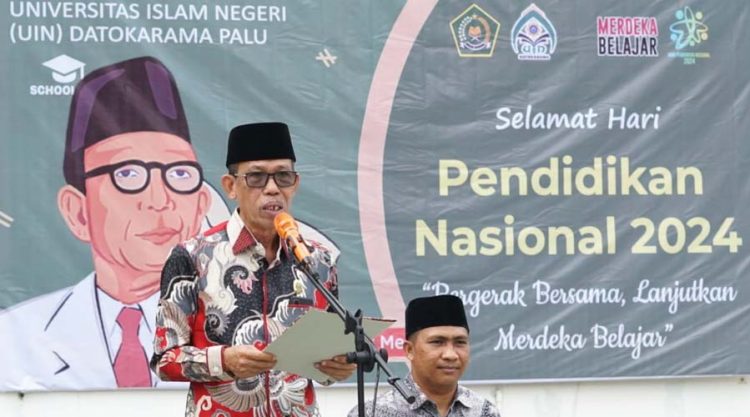 Rektor UIN Datokarama, Prof Lukma A Thahir pada peringatan Hardiknas di Palu, Kamis (2/5/2024). (Foto: UIN Datokarama)