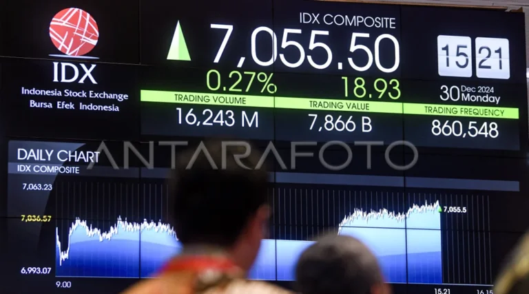 Layar menampilkan pergerakan perdagangan saham di Bursa Efek Indonesia (BEI), Jakarta, Senin (30/12/2024). IHSG ditutup pada akhir tahun 2024 menguat 43,33 poin atau 0,62 persen ke posisi 7.079,90 sementara saham unggulan kelompok 45 atau indeks LQ45 naik 1,52 poin yaitu 0,18 persen ke posisi 826,62. ANTARA FOTO/Muhammad Adimaja/nym.