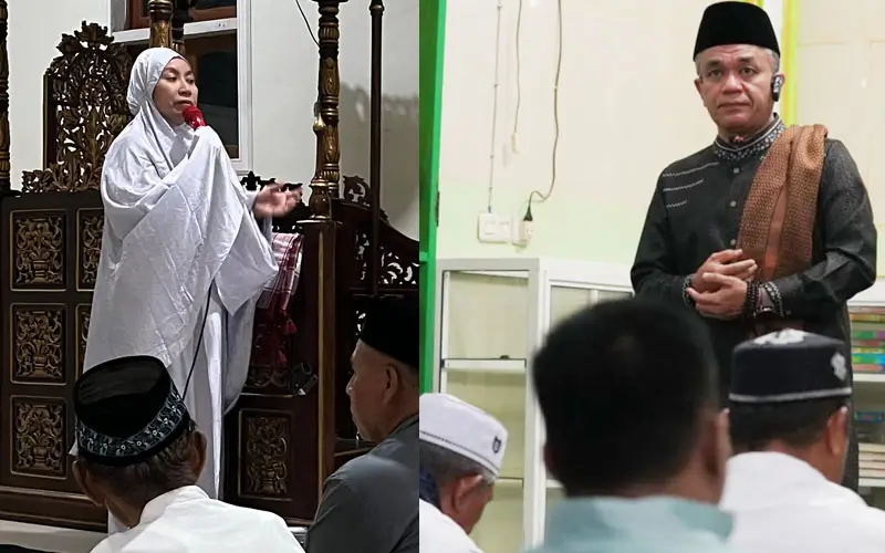 Wali KOta dan Wakil Wali Kota menyampaikan sambutan pad aSilaturahim Ramadhan di dua masjid berbeda di palu, Selasa (18/3/2025). (Prokopim Setda Kota Palu/Jufri-Iwan)
