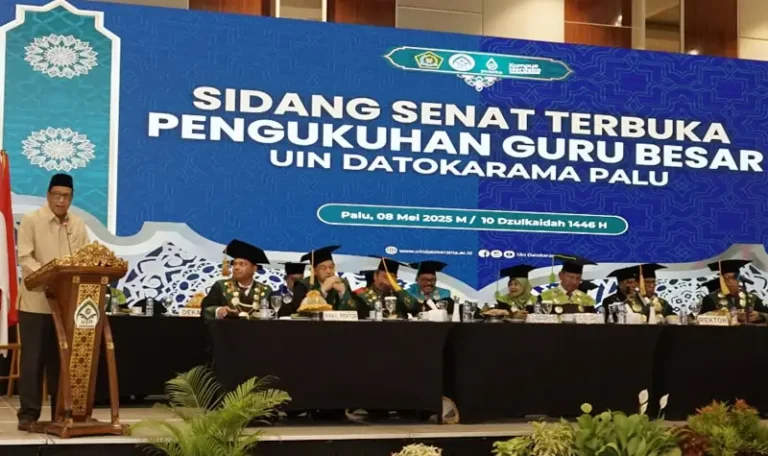 Sidang senat terbuka pengukuhan tiga guru besar di UIN Datokarama Palu, Kamis (8/5/2025). (Foto: Humas UIN Datokarama)