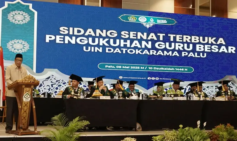 Sidang senat terbuka pengukuhan tiga guru besar di UIN Datokarama Palu, Kamis (8/5/2025). (Foto: Humas UIN Datokarama)
