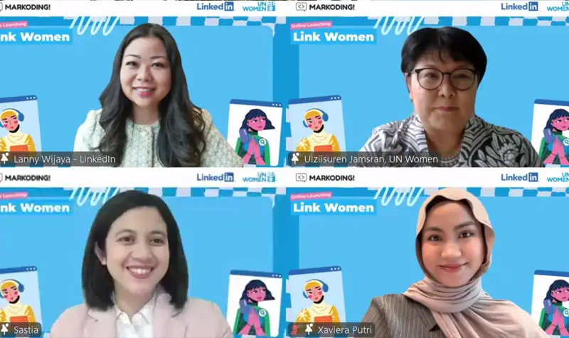 Lanny Wijaya, Head of New Business LinkedIn untuk Indonesia; Ulziisuren Jamsran, Perwakilan UN Women untuk Indonesia dan Liaison ASEAN; Dr. Sastia Prama Putri, Associate Professor di Universitas Osaka dan Ahli Metabolomik; dan Xaviera Putri, UN Indonesia Champion for Women and Girls in Science, penulis dan influencer; di peluncuran program Link Women di Jakarta, Jumat (16/5/2025). (Foto: UN Women)